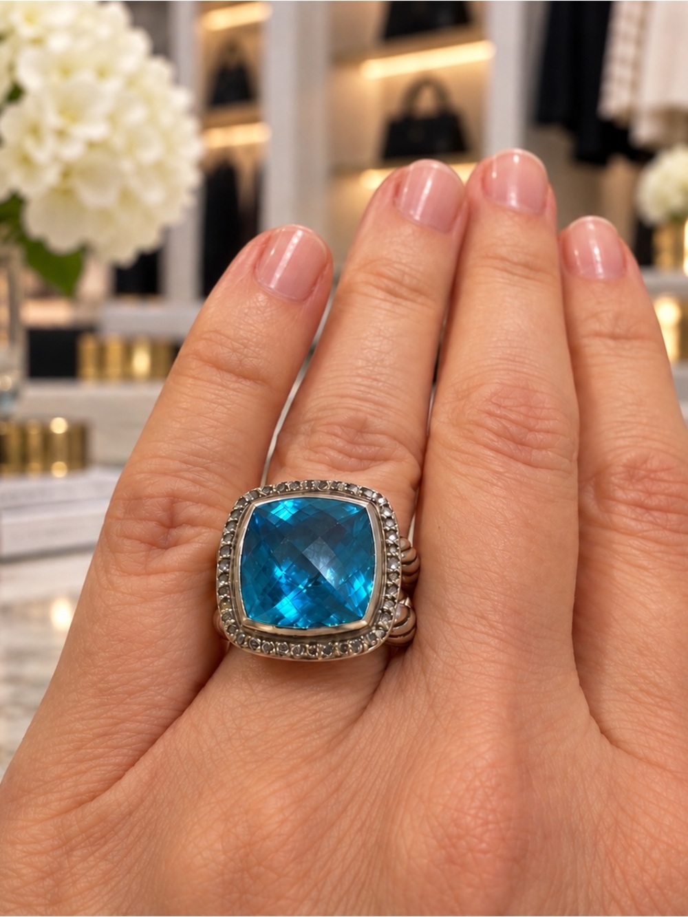 David Yurman Albion Blue Topaz Diamond Sterling Silver Statement Ring